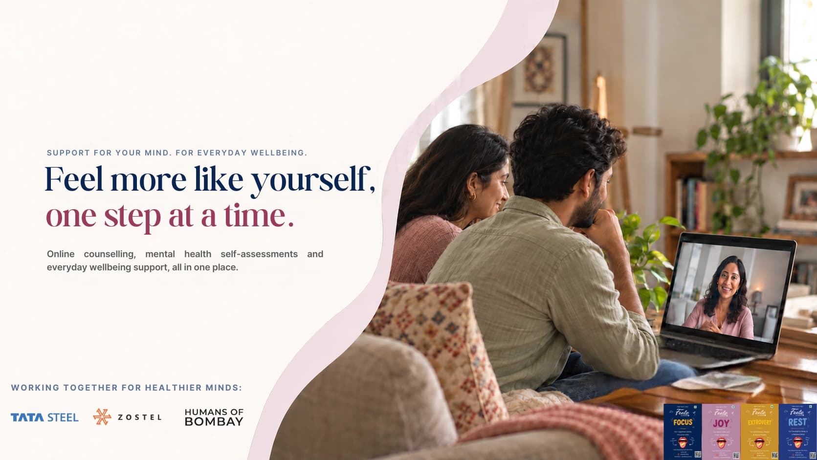 A couple on a video counselling session at home, with the four FEELZ packs.